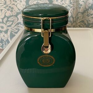European Coffee House Ceramic Canister Jar Metal Close Lock Lid Green 8 1/4" Tal
